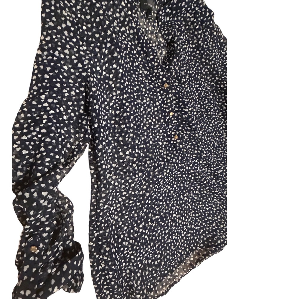 The Limited Navy Blue Heart Print Sheer Blouse Gold Button Roll Tab Sleeve S - Picture 3 of 11